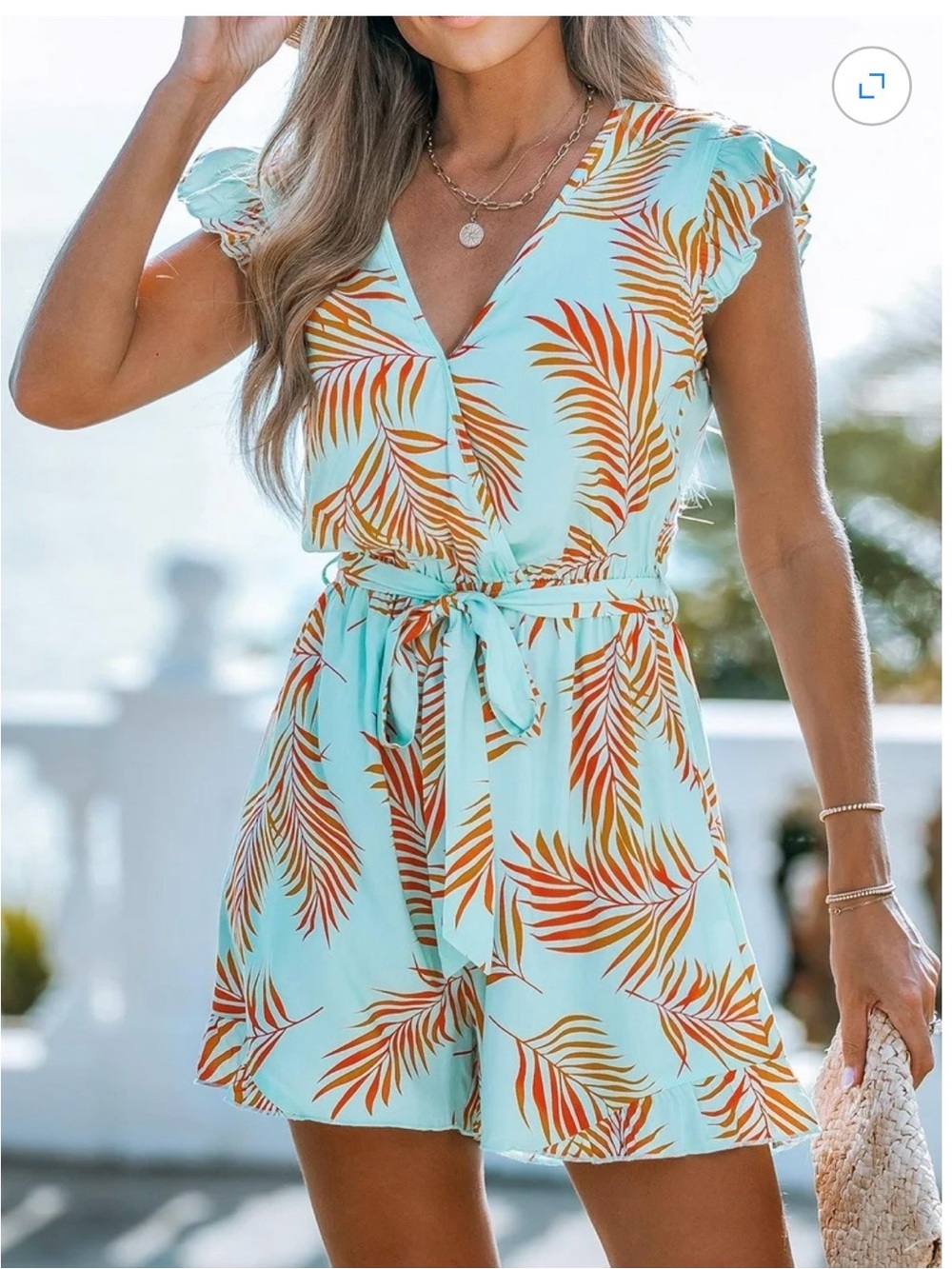 CUPSHE Women's Romper Tropical Flutter Sleeve Boho Overall V Neck Wide Leg
